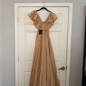 Chic Tan Ruffle Maxi Dress
